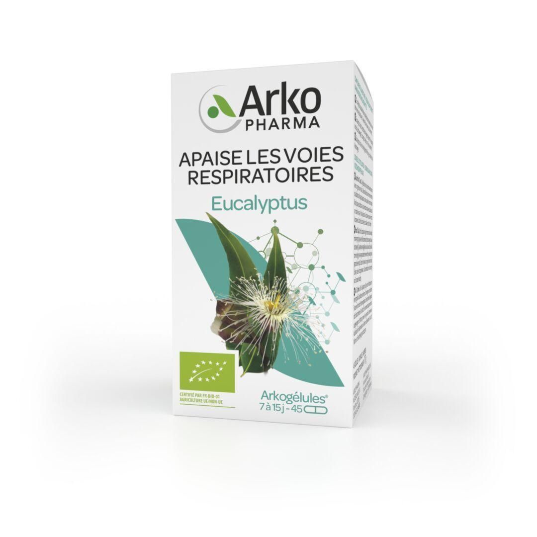 Boîte blanche Arkocaps Eucalyptus Bio. Logo vert et blanc, texte: Apaise les voies respiratoires. Illustration de feuilles d'eucalyptus. Label bio.