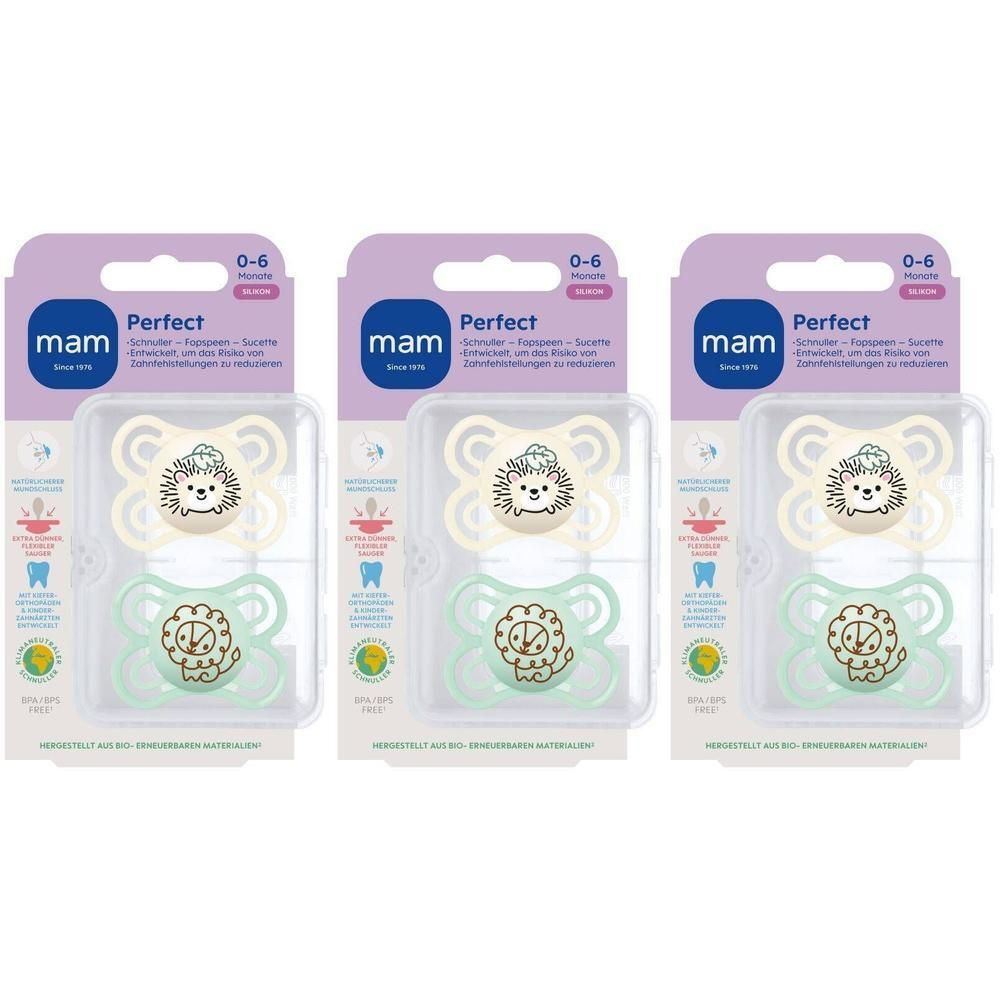 Trois emballages de sucettes MAM Perfect 0-6 mois. Chaque emballage contient deux sucettes vertes et beiges, avec un motif animal.