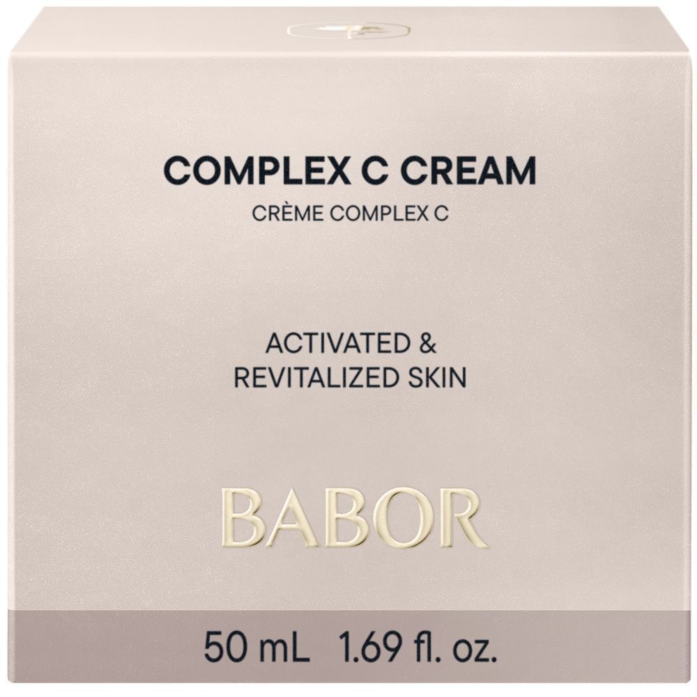 Emballage de Babor Crème Complex C. Inscription: COMPLEX C CREAM, CRÈME COMPLEX C, ACTIVATED & REVITALIZED SKIN, BABOR.