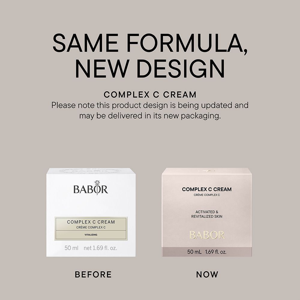 Comparaison de deux emballages Babor Crème Complex C. À gauche: ancien emballage. À droite: nouvel emballage. Texte: SAME FORMULA, NEW DESIGN.