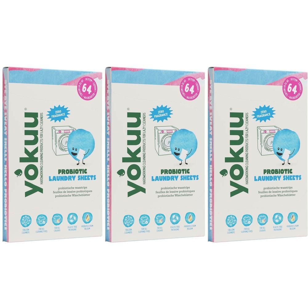 Trois paquets de feuilles de lessive probiotiques Yokkuu, contenant chacune 64 feuilles. Boîtes blanches avec inscription turquoise et illustration d'une machine à laver.