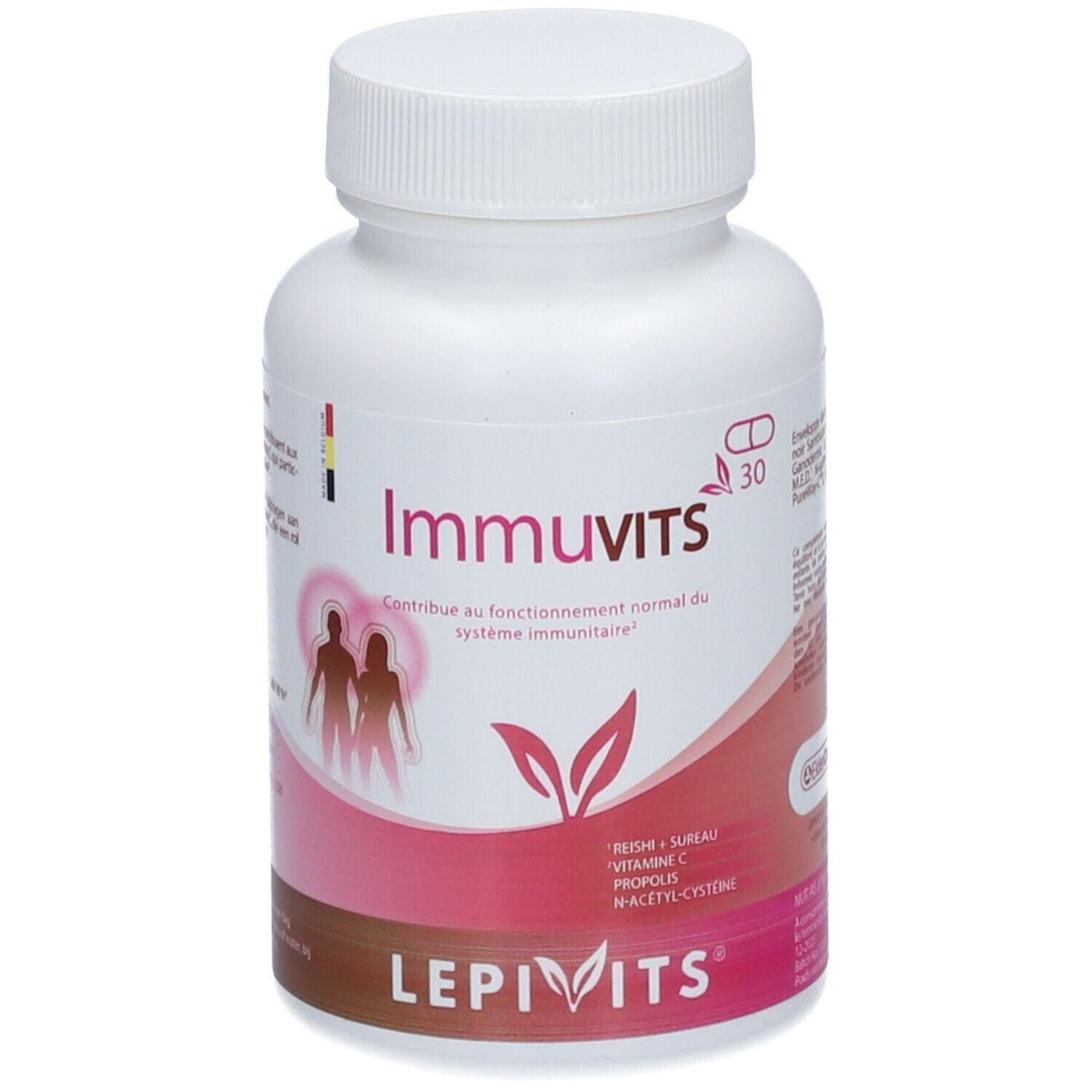 Witte fles met capsules. Opschrift: ImmUVits, LepiVits. Bevat 30 capsules. Roze-wit etiket met ingrediënten.