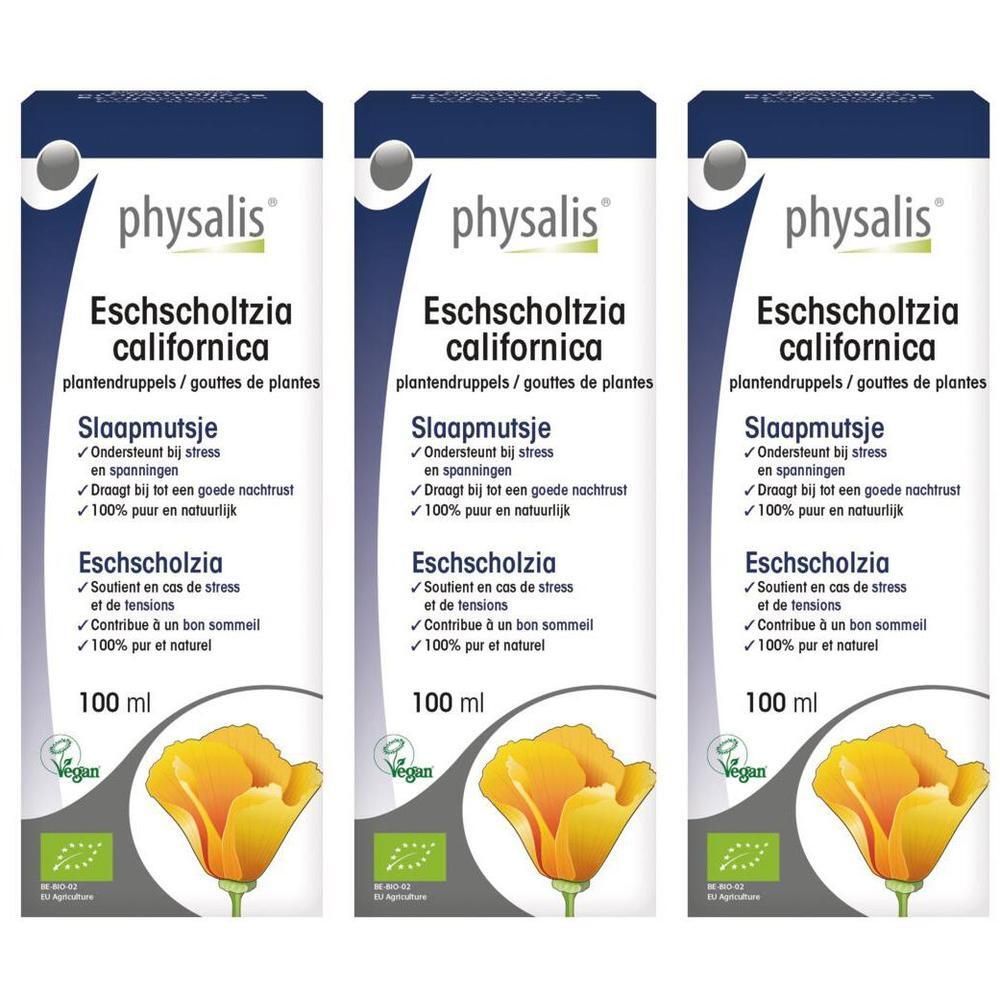 Drie flessen Physalis Eschscholtzia californica. Opschrift: Slaapmutsje, 100 ml, Vegan-label, Bio-label.