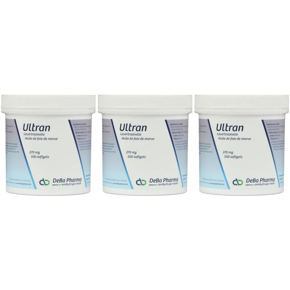 Drie witte potten met deksels. Op elke pot staat "Ultran", "Huile de foie de morue" en andere informatie. Logo van DeBa Pharma.