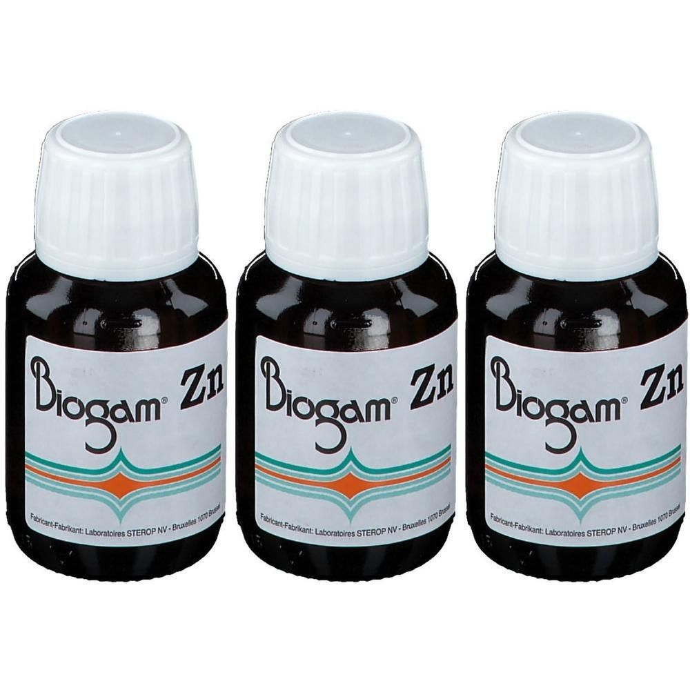 Trois flacons avec bouchons blancs et étiquettes. L'étiquette indique "Biogam Zn".