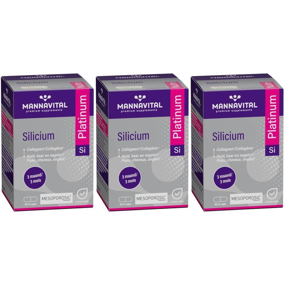 Trois boîtes de Mannavital Silicium. Chaque boîte présente un design violet et rose avec des informations sur le produit et le mot "Platinum".