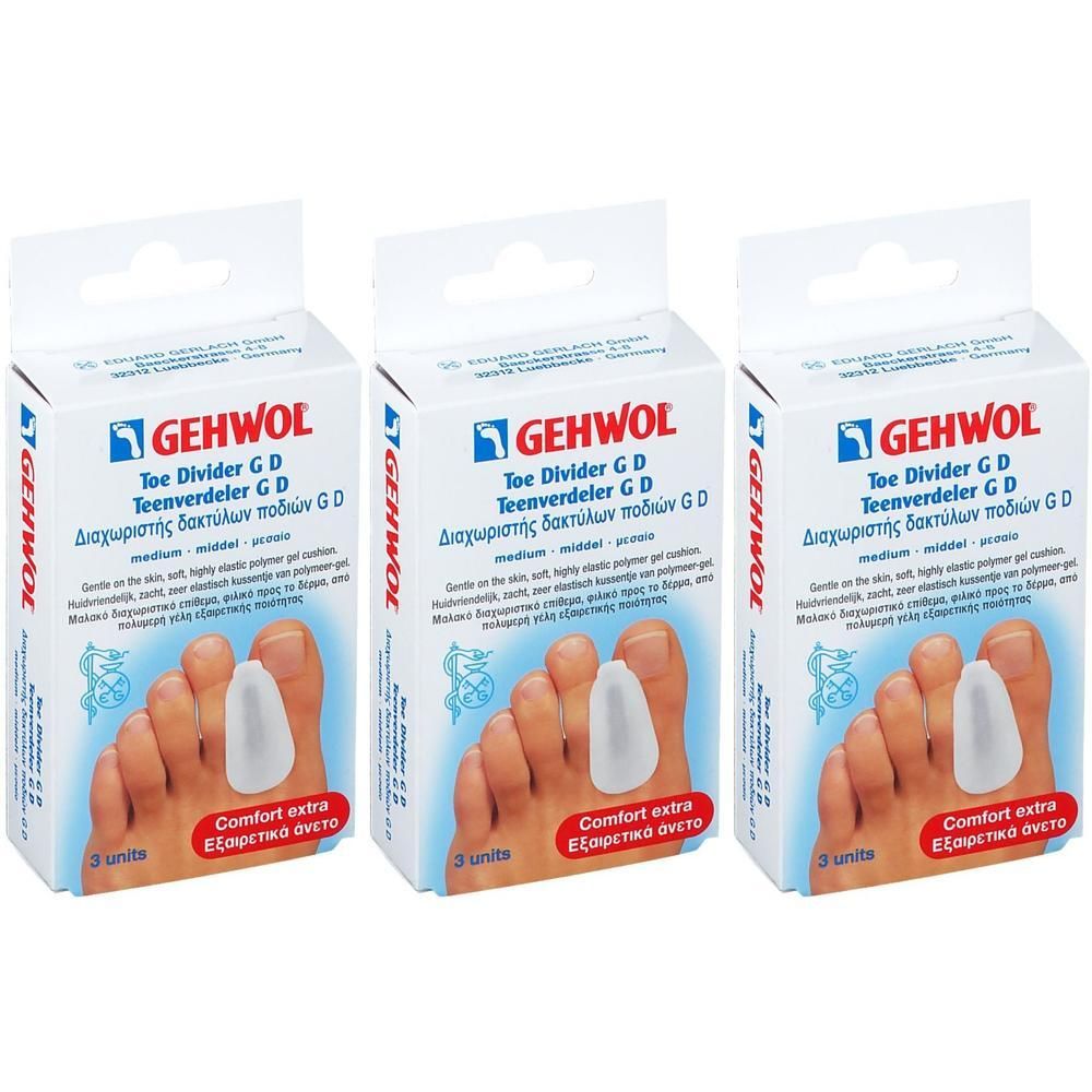 Trois boîtes de séparateurs d'orteils Gehwol GD. Emballage blanc avec image du produit et texte. Contient trois unités.