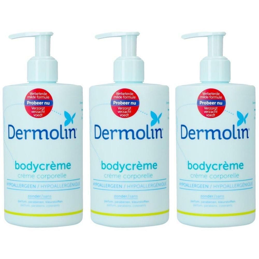 Trois flacons blancs de crème corporelle Dermolin avec pompe bleue. Autocollant rouge avec texte. Hypoallergénique.