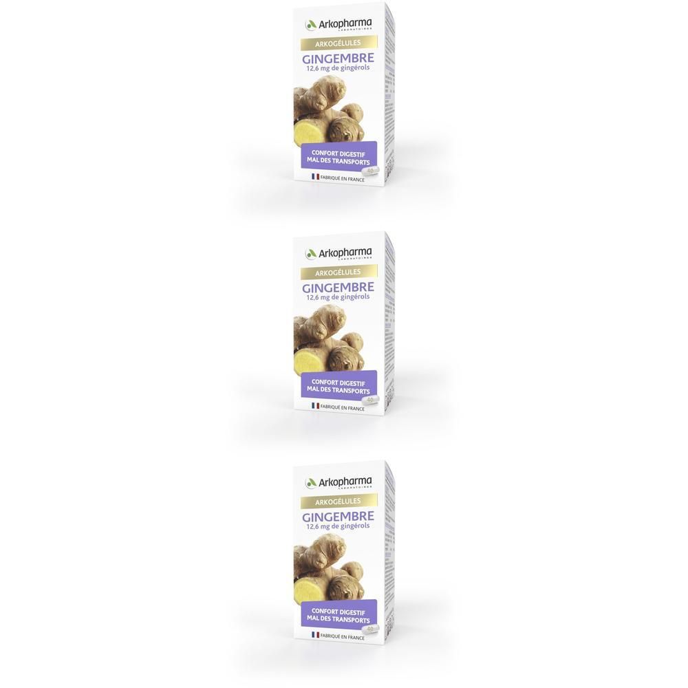 Trois boîtes Arkocaps Gingembre. Boîtes blanches avec image et texte du produit. Marque Arkopharma.