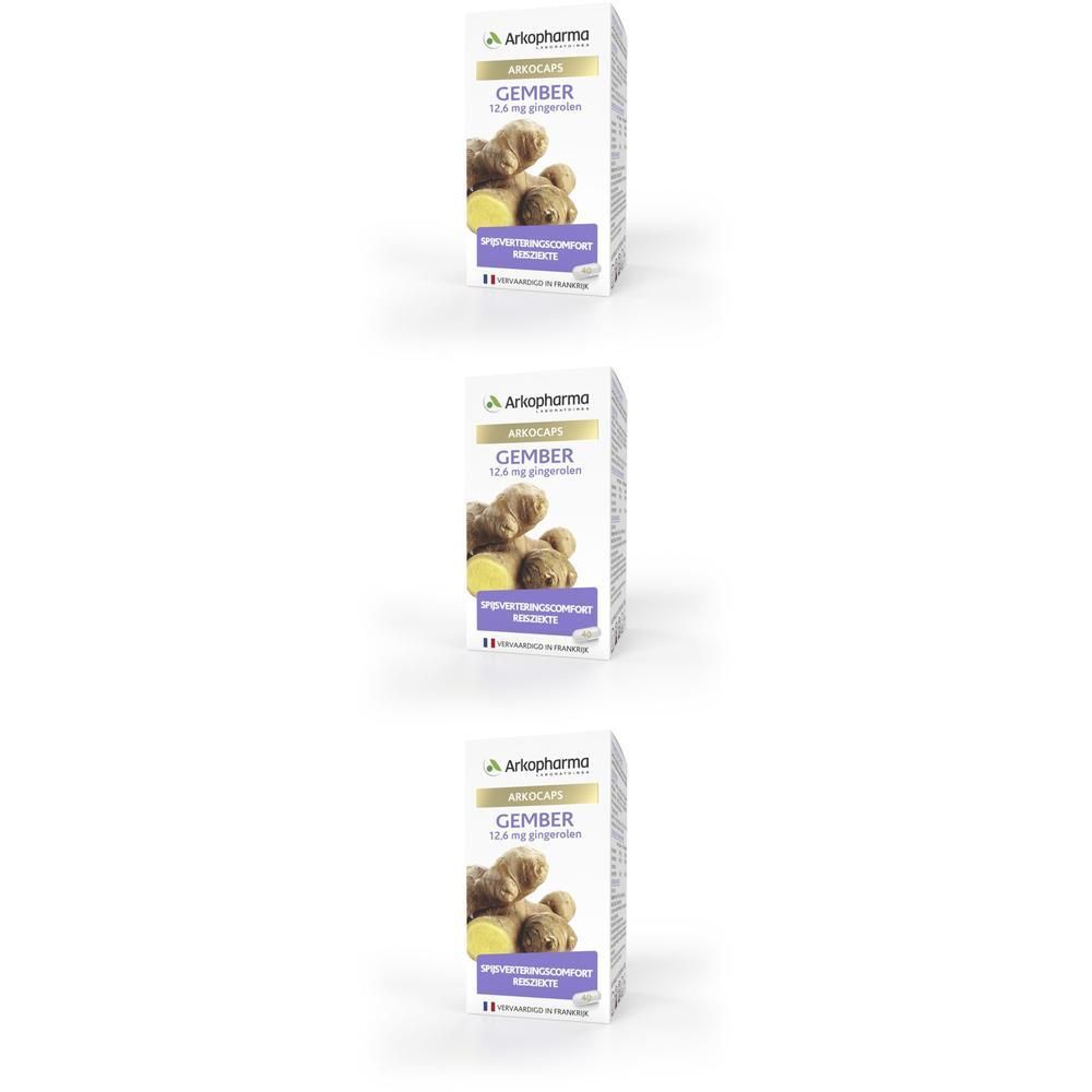 Drie dozen Arkocaps Gember. Witte dozen met productafbeelding en tekst. Merk Arkopharma.