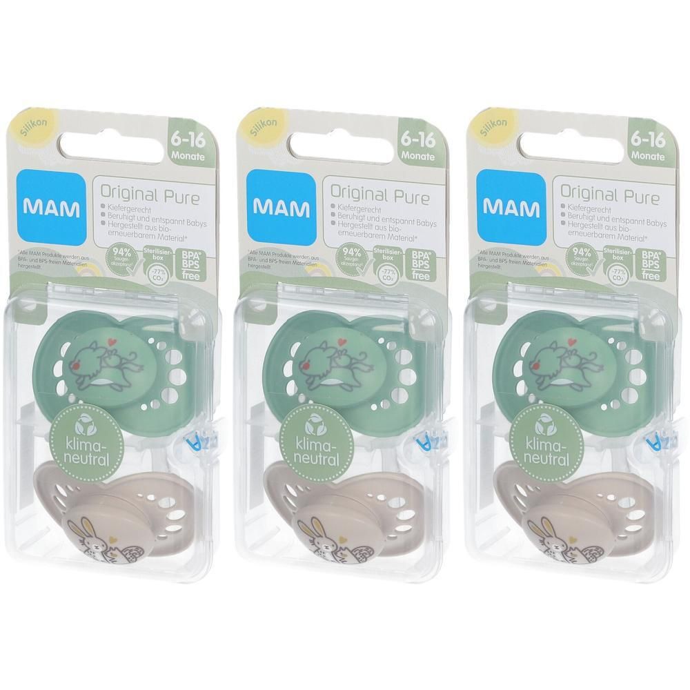 Trois sucettes MAM Originale Pure en emballage. Vert et écru, 6-16 mois. Neutre en carbone.