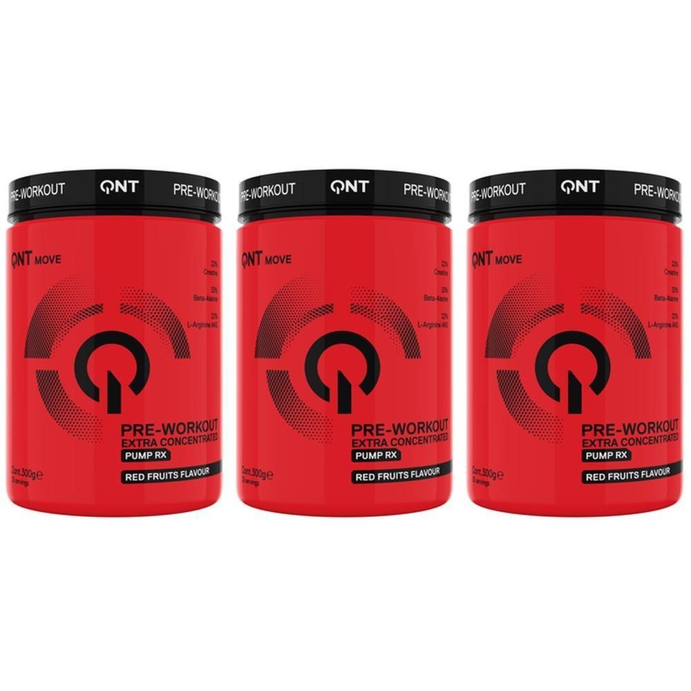 Drie rode potten met zwarte deksels. Op elke pot staat "QNT", "PRE-WORKOUT" en "Red Fruits Flavor". 