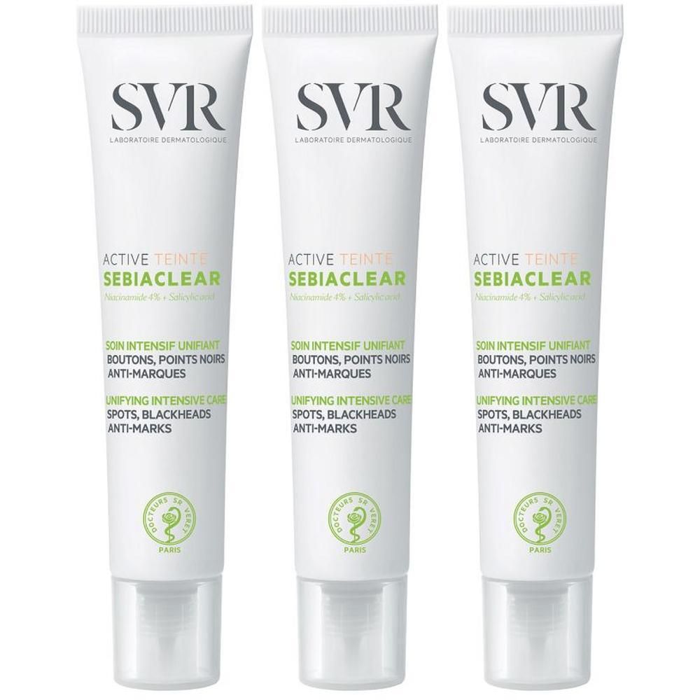 Trois tubes de SVR Sebiaclear Active Teinté. Tubes blancs avec texte vert et noir. Nom du produit et logo clairement visibles.