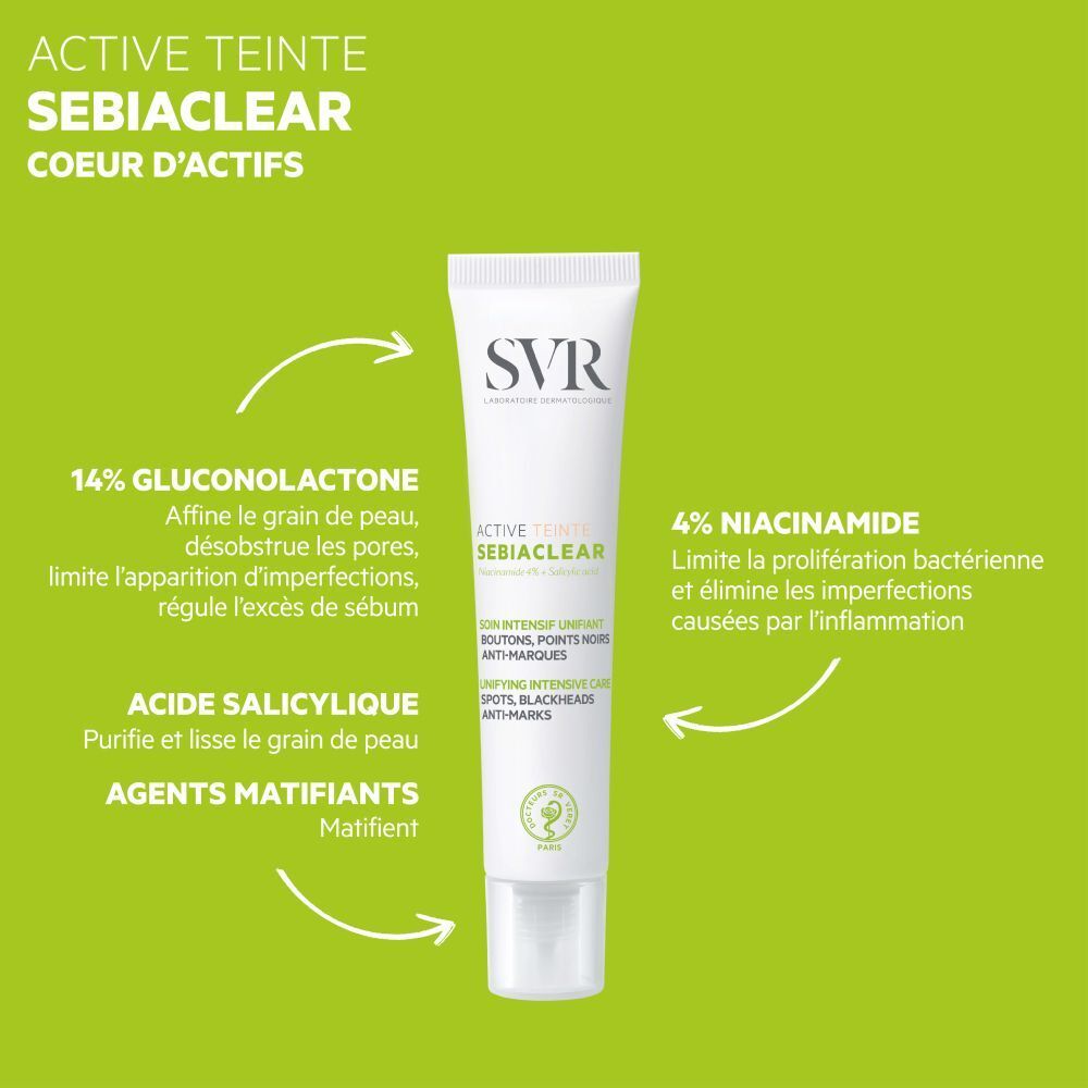 Tube SVR Sebiaclear Active Teinté sur fond vert. Texte avec ingrédients et propriétés. Logo et nom du produit visibles.