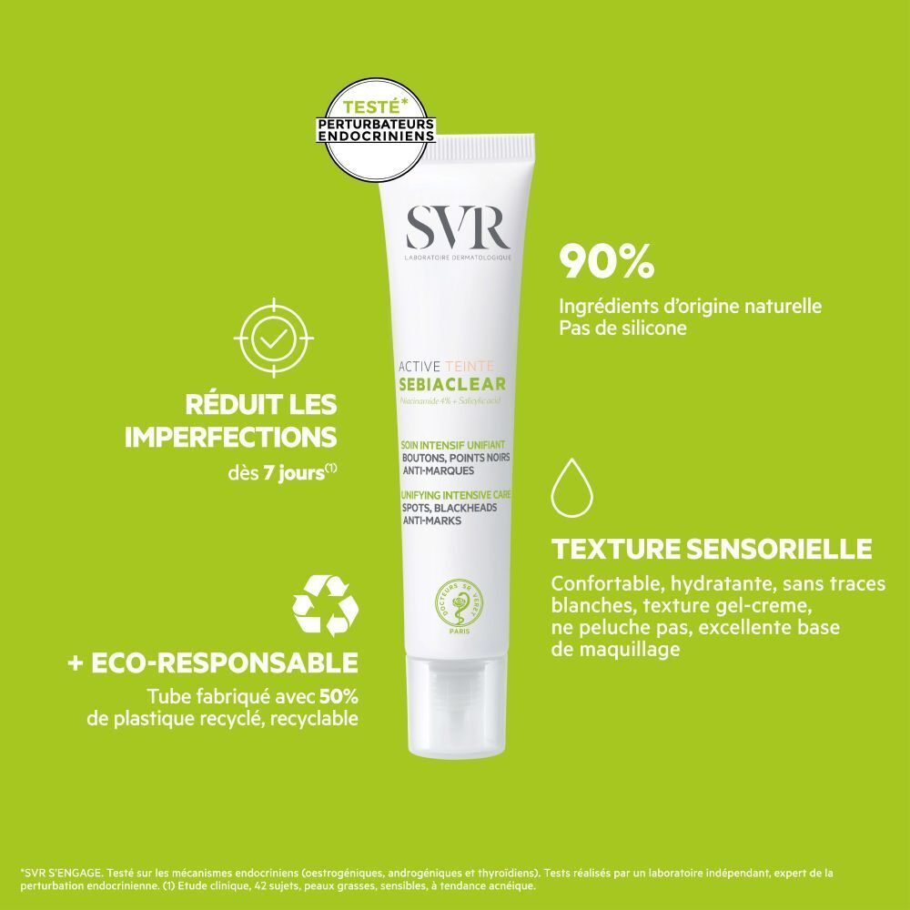 Tube SVR Sebiaclear Active Teinté sur fond vert. Texte sur les caractéristiques et certifications. Logo et nom du produit visibles.