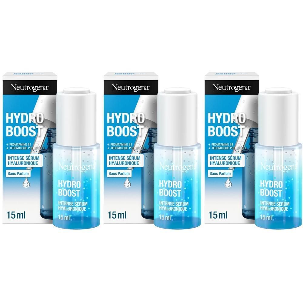 Trois flacons Neutrogena Hydro Boost, 15ml, avec emballage. Emballage bleu et blanc avec nom du produit et ingrédients.