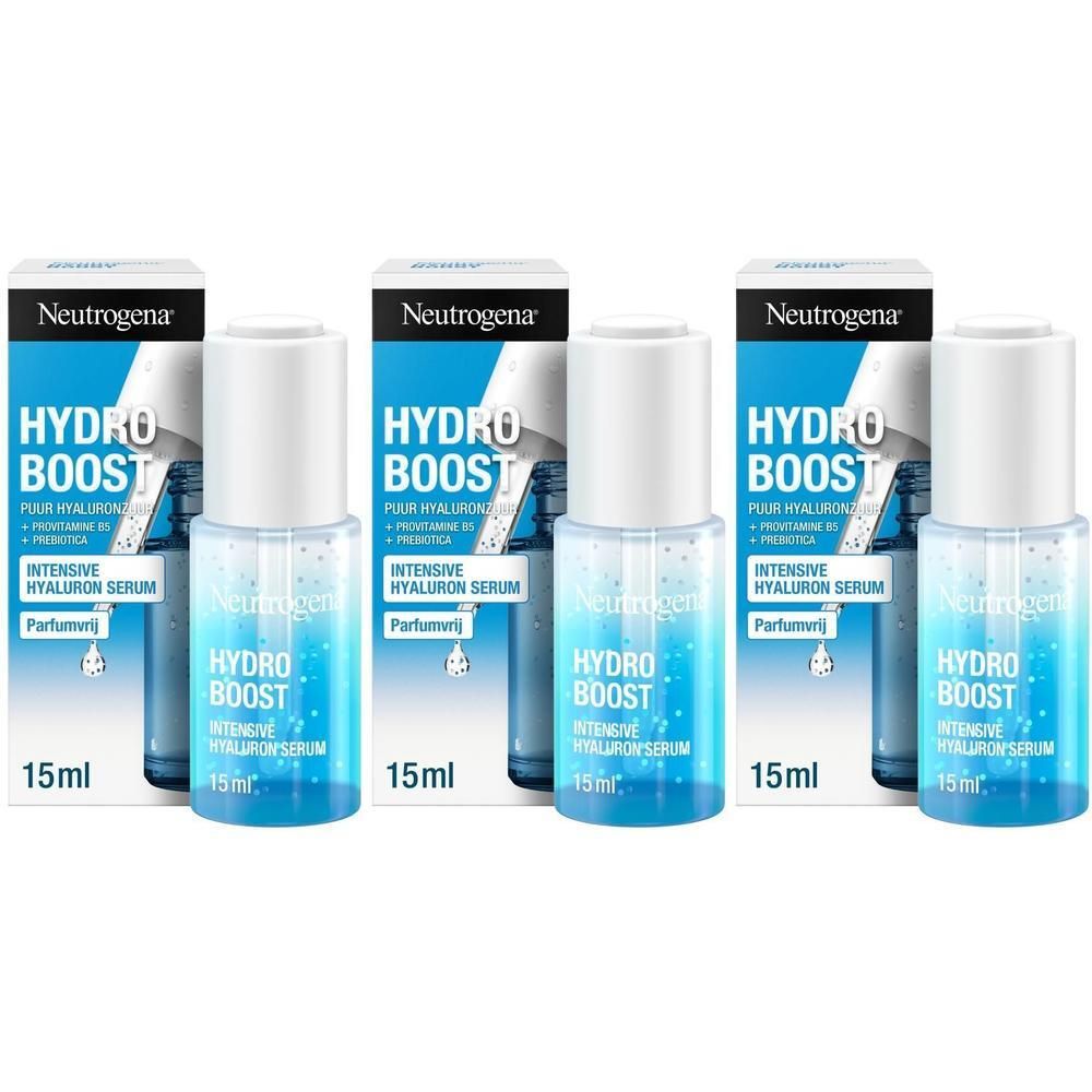 Drie flacons Neutrogena Hydro Boost, 15ml, met verpakking. Blauwe en witte verpakking met productnaam en ingrediënten.