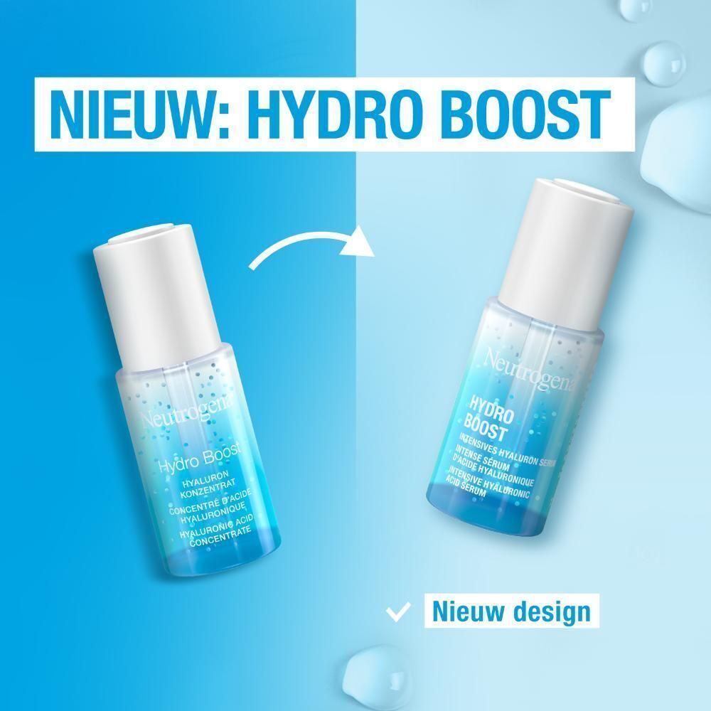 Twee flacons Neutrogena Hydro Boost. Links: Concentraat. Rechts: Nieuw design. Blauwe achtergrond met tekst.
