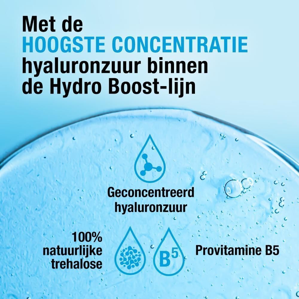 Grafiek met druppels en ingrediënten. Tekst: Hoogste concentratie hyaluronzuur. 100% natuurlijke trehalose, vitamine B5.