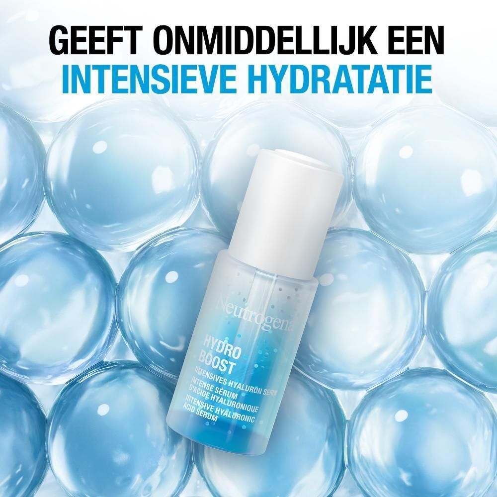 Flesje Neutrogena Hydro Boost op blauwe achtergrond. Tekst: Intensieve hydratatie.