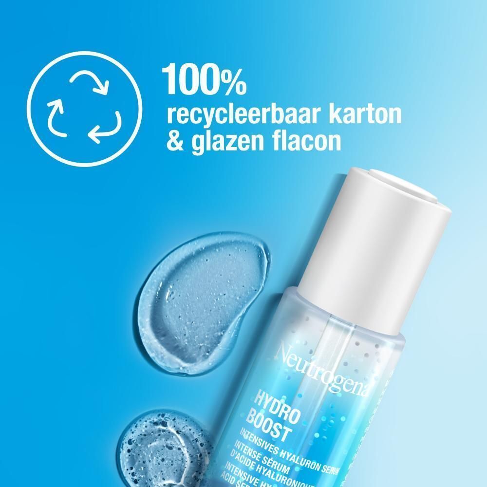 Flesje Neutrogena Hydro Boost op blauwe achtergrond. Tekst: 100% recyclebaar karton & glazen flacon.