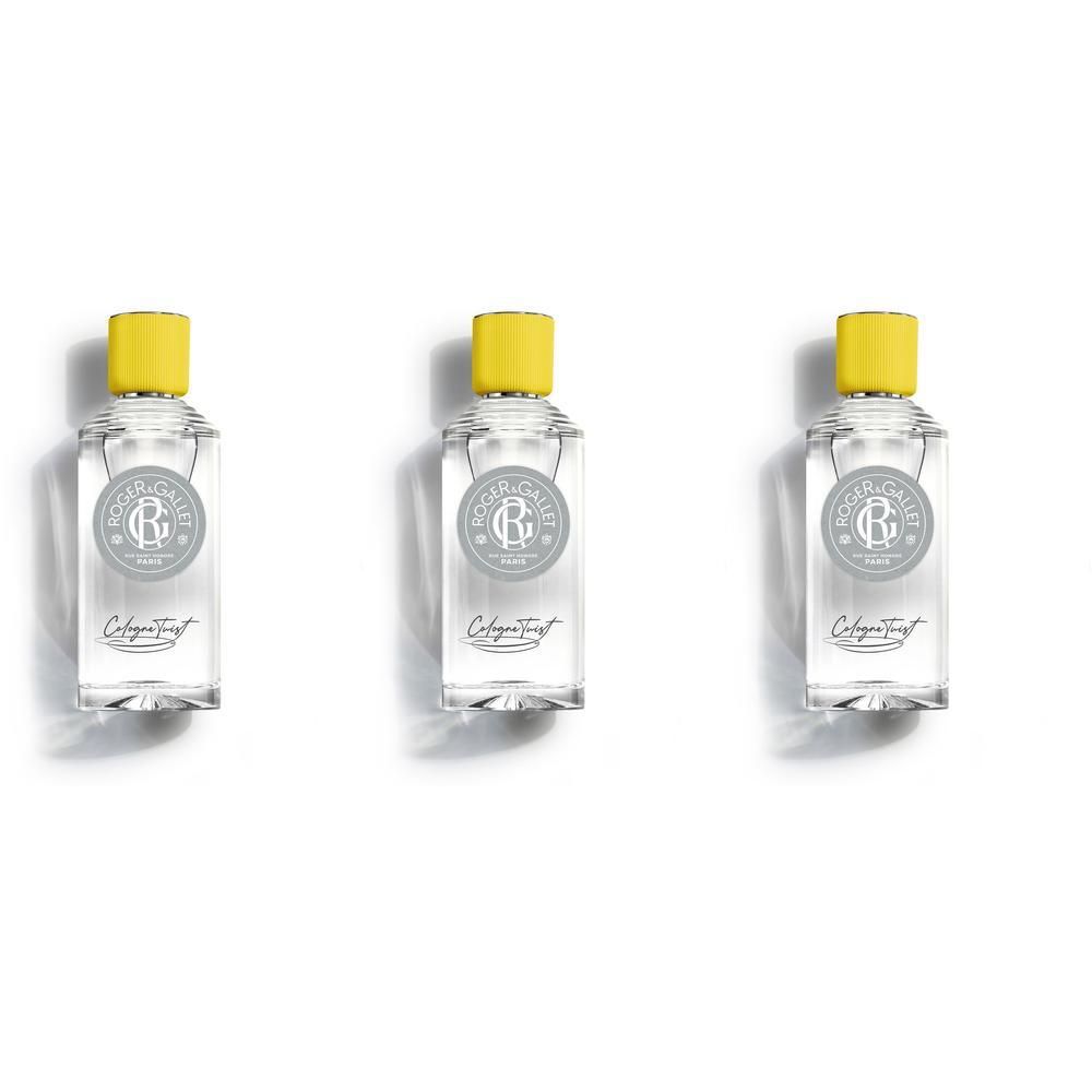Trois flacons d'eau de Cologne avec bouchon jaune. Inscription : Roger & Gallet, Cologne Twist.