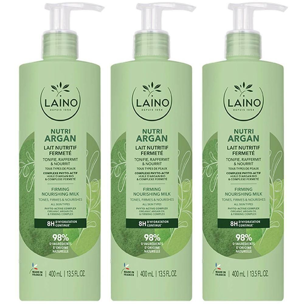 Drie groene flessen met pomp. Opschrift: LAINO, Nutri Argan, Lait Nutritif Fermeté. 98% ingrediënten van natuurlijke oorsprong.