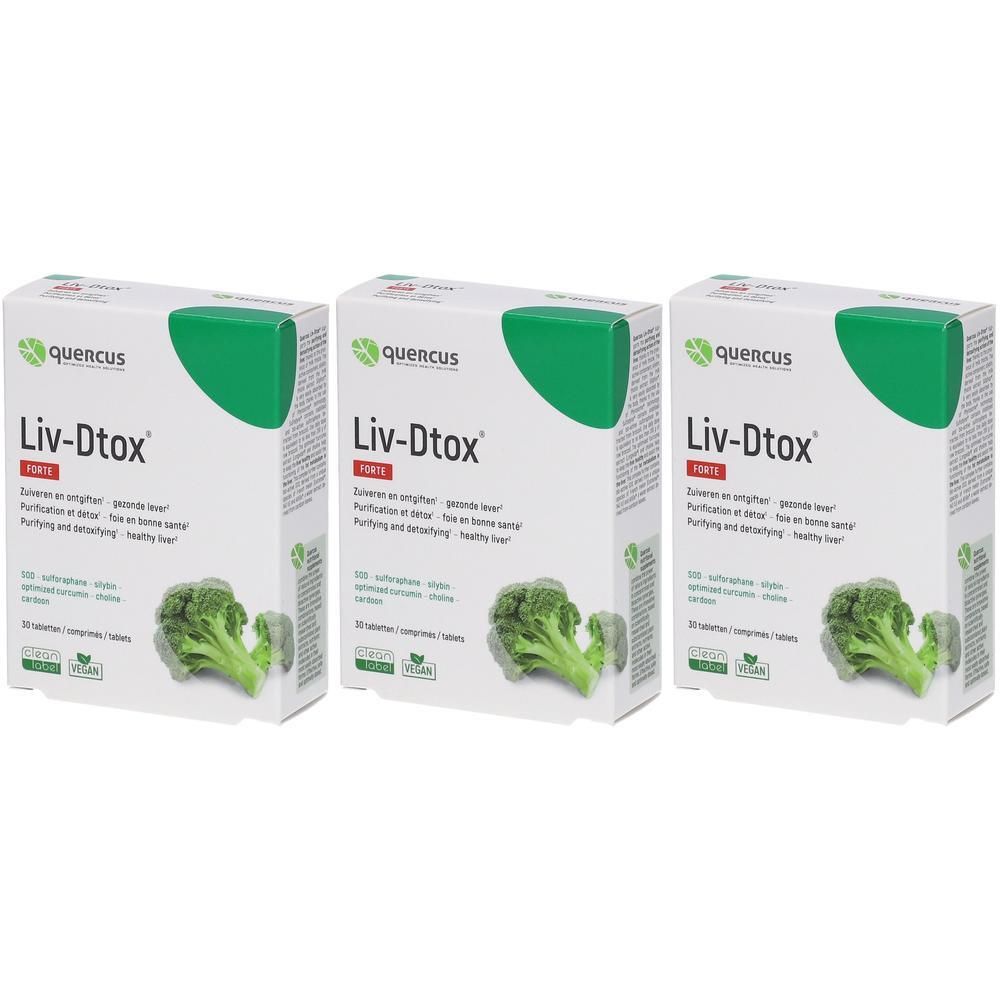 Drie dozen Quercus Liv-Dtox Forte. Witte verpakking met groene accenten. Bedrukking: productnaam, broccoli-illustratie, veganistisch logo.