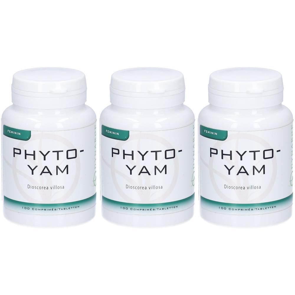 Trois flacons blancs avec couvercles. Chaque flacon porte l'inscription "PHYTO-YAM" et "Dioscorea villosa".