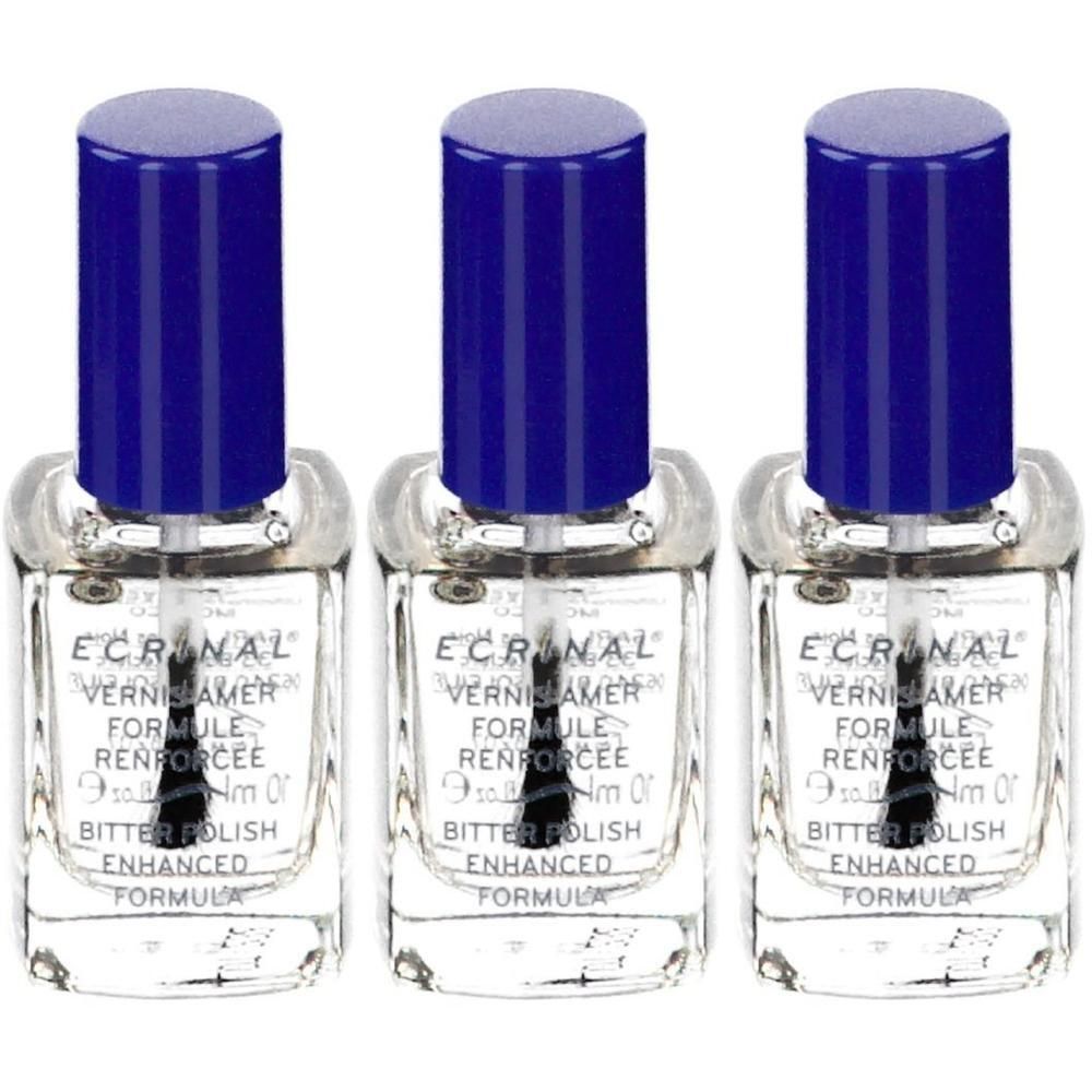 Drie flesjes nagellak met blauwe dop. Opschrift: ECRINAL, Vernis Amer, Formule Renforcée, Bitter Polish, Enhanced Formula.