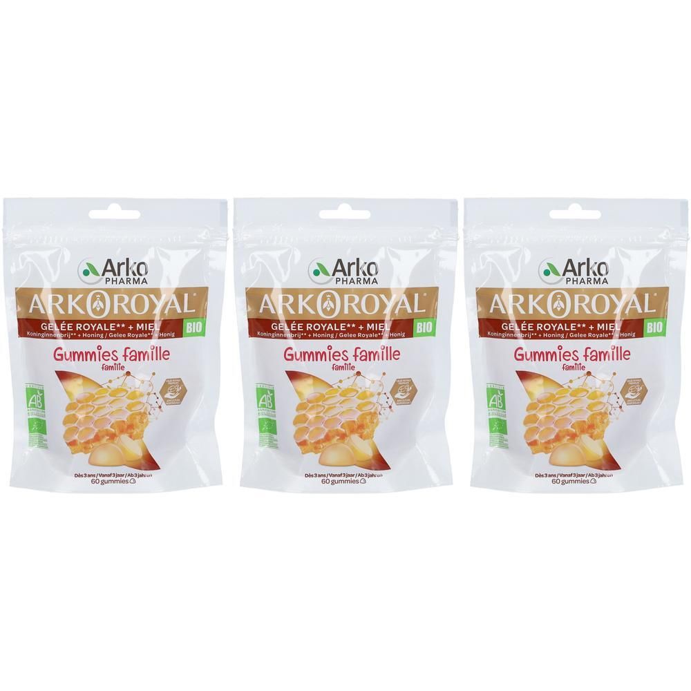 Trois sachets de Gummies Famille Arkoroyal Gelée Royale + Miel. Sachets blancs avec logo et image de rayons de miel.