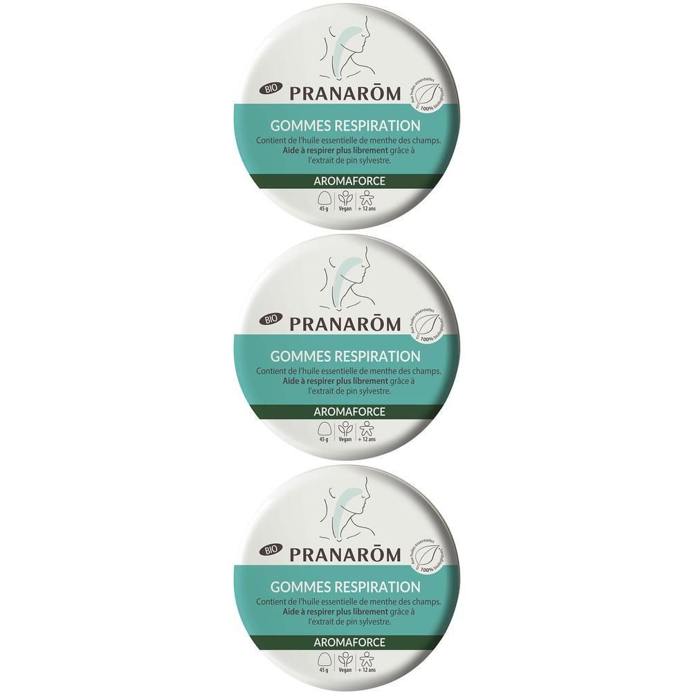 Drie ronde dozen. Opschrift: Pranarôm, Gommes Respiration, Aromaforce. Groen-witte verpakking met logo.