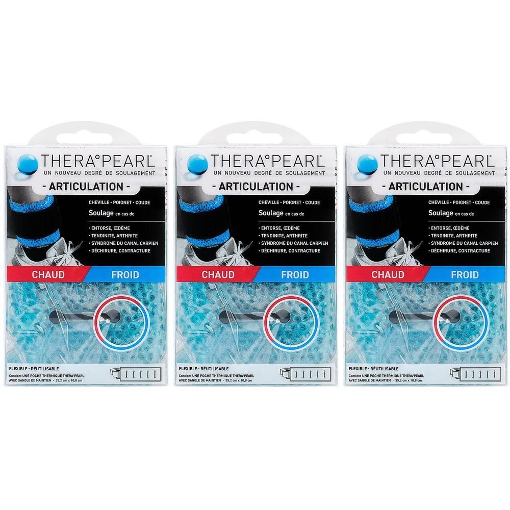 Trois emballages de Therapearl Cold/Hot Compresse Articulation. Emballage avec image du produit et texte. Inscriptions : CHAUD (chaud) et FROID (froid).
