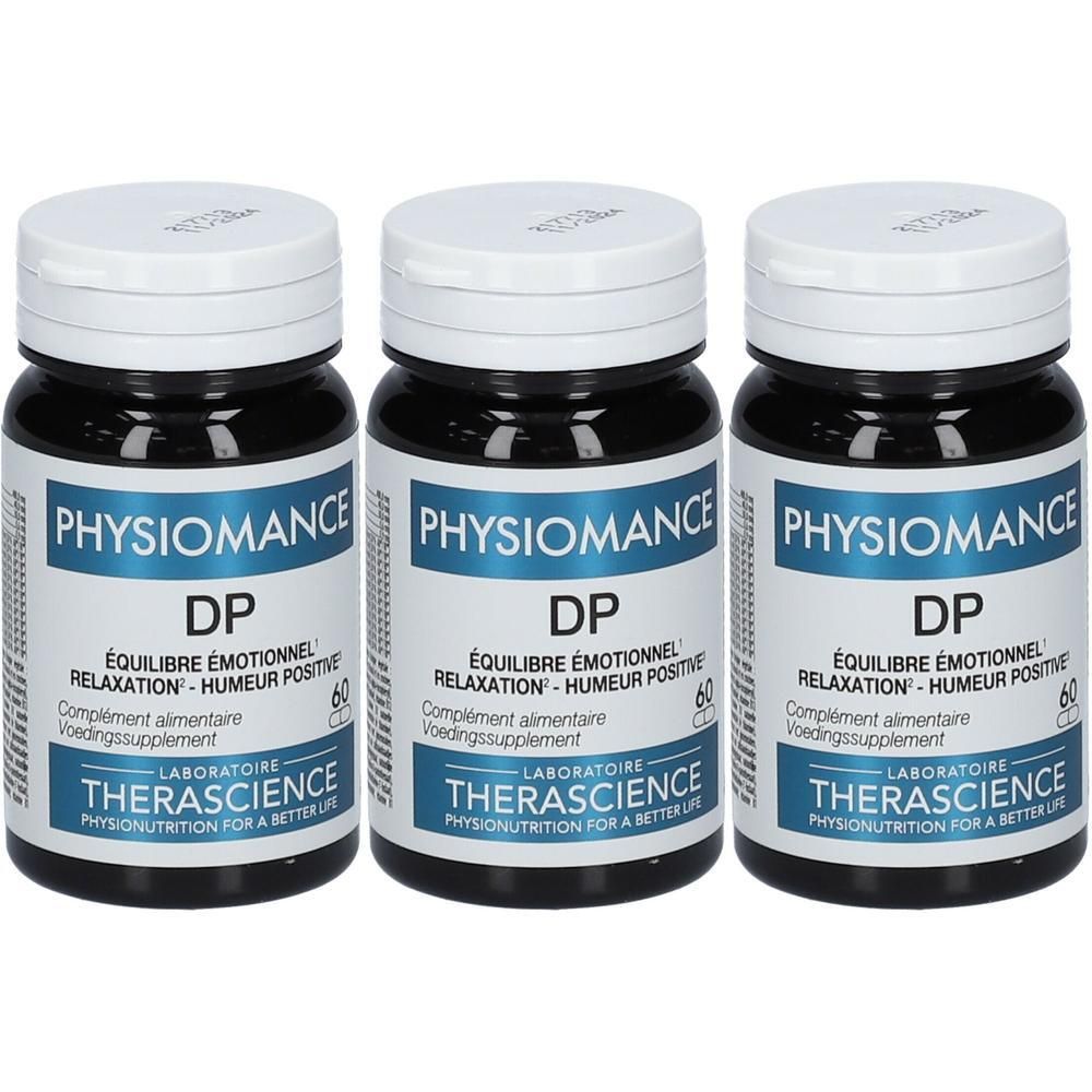 Trois flacons de Physiomance DP. Flacons noirs avec couvercles et étiquettes blanches. Inscription : PHYSIOMANCE, DP, ÉQUILIBRE ÉMOTIONNEL.