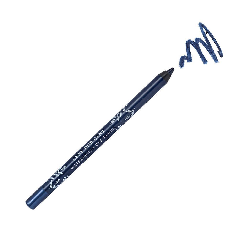 Crayon pour les yeux bleu foncé avec embout blanc. Inscription: CENT PUR CENT Waterproof Eye Pencil. Trait bleu.
