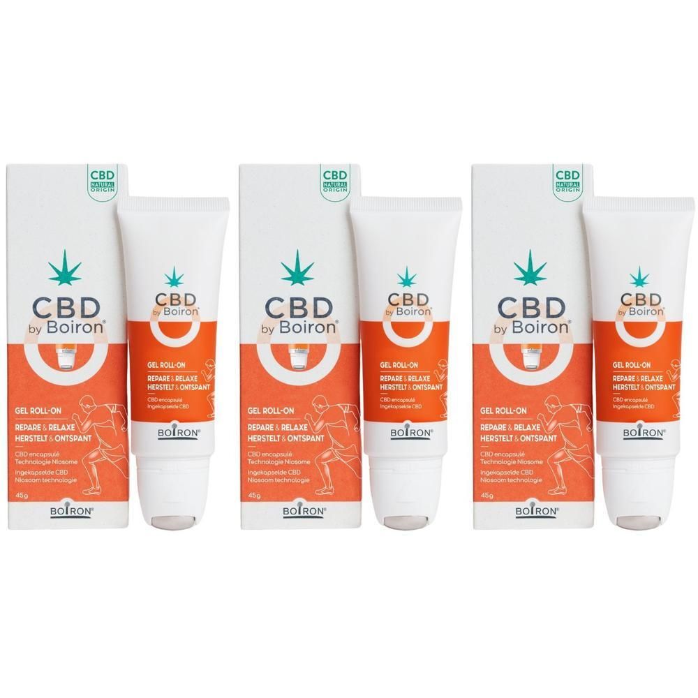Drie tubes en verpakkingen van Boiron CBD Gel Roll-on. Wit, oranje en groen. CBD-logo.