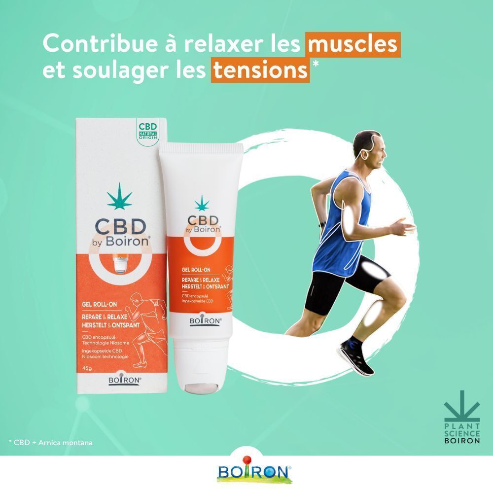 Boiron CBD Gel Roll-on et emballage. Homme courant. Texte: Contribue à relaxer les muscles et soulager les tensions.