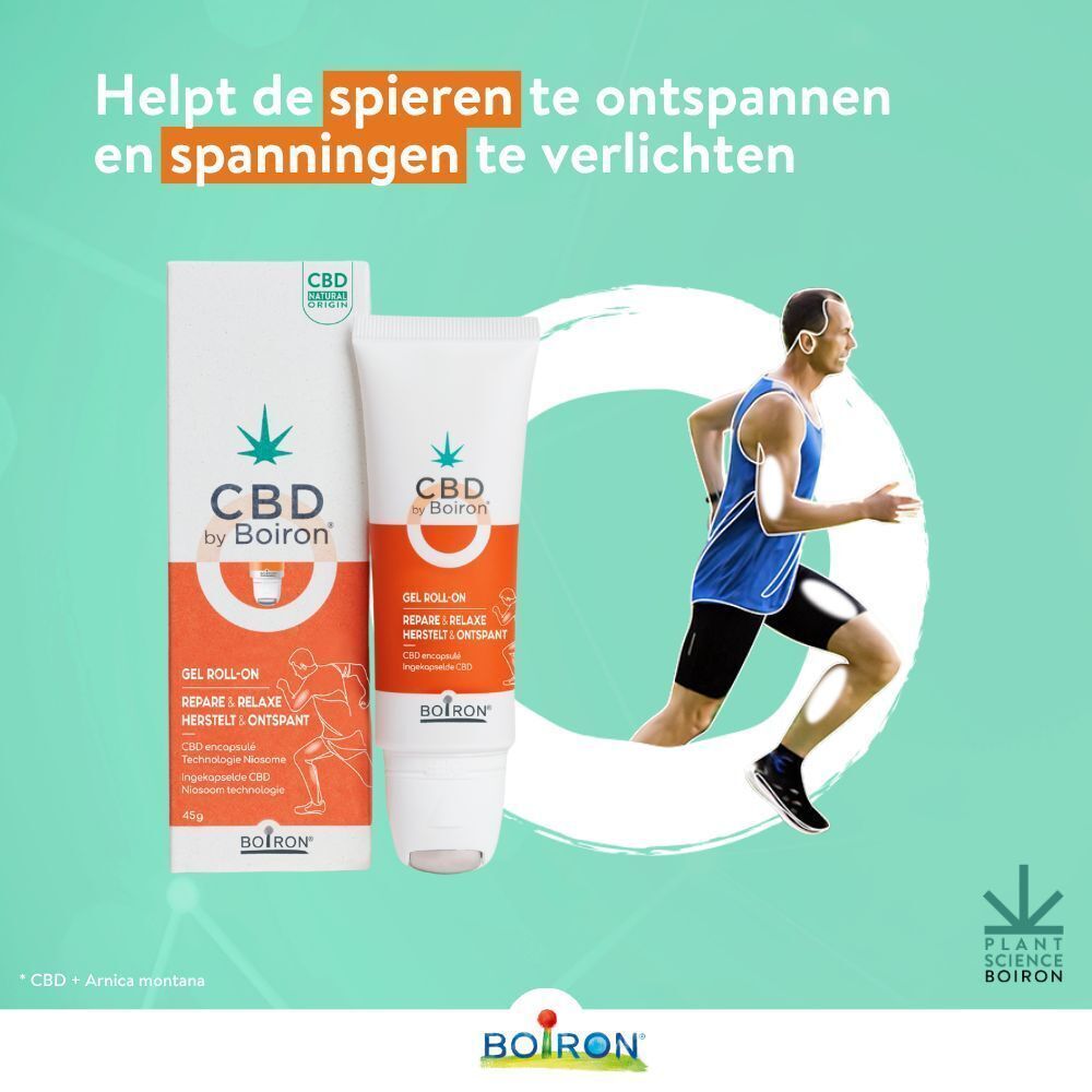 Boiron CBD Gel Roll-on en verpakking. Rennende man. Tekst: Helpt de spieren te ontspannen en spanningen te verlichten.