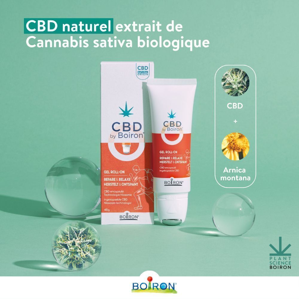 Boiron CBD Gel Roll-on et emballage. Logo CBD, Cannabis sativa et Arnica montana.