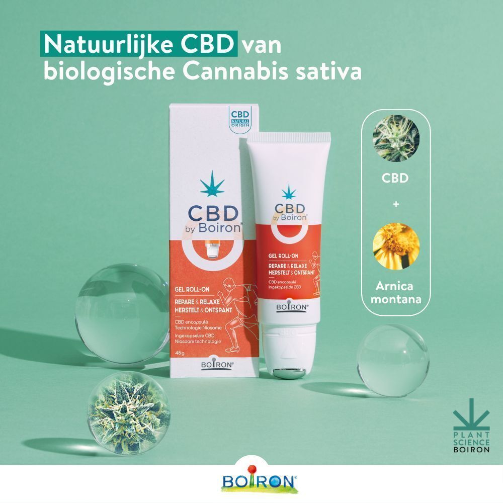 Boiron CBD Gel Roll-on en verpakking. CBD-logo, Cannabis sativa en Arnica montana.