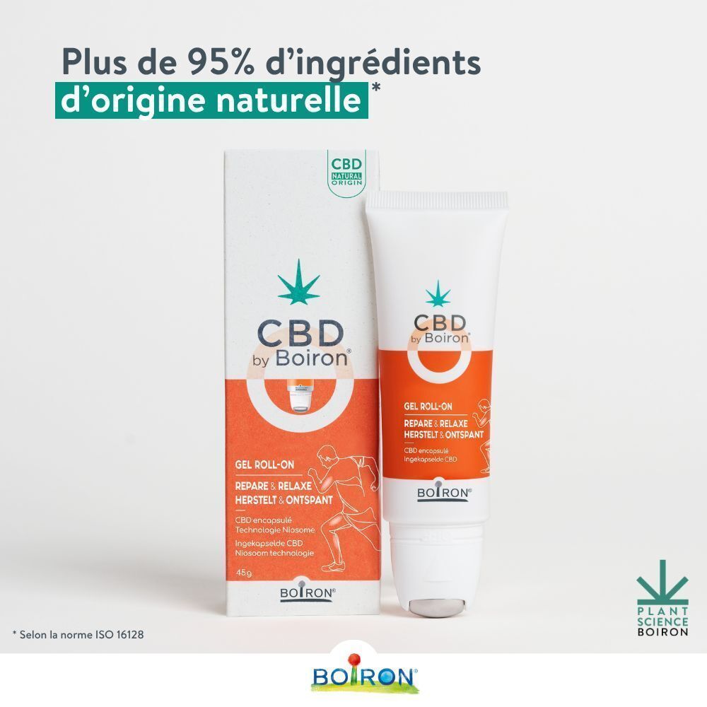 Boiron CBD Gel Roll-on et emballage. Texte: Plus de 95% d'ingrédients d'origine naturelle.