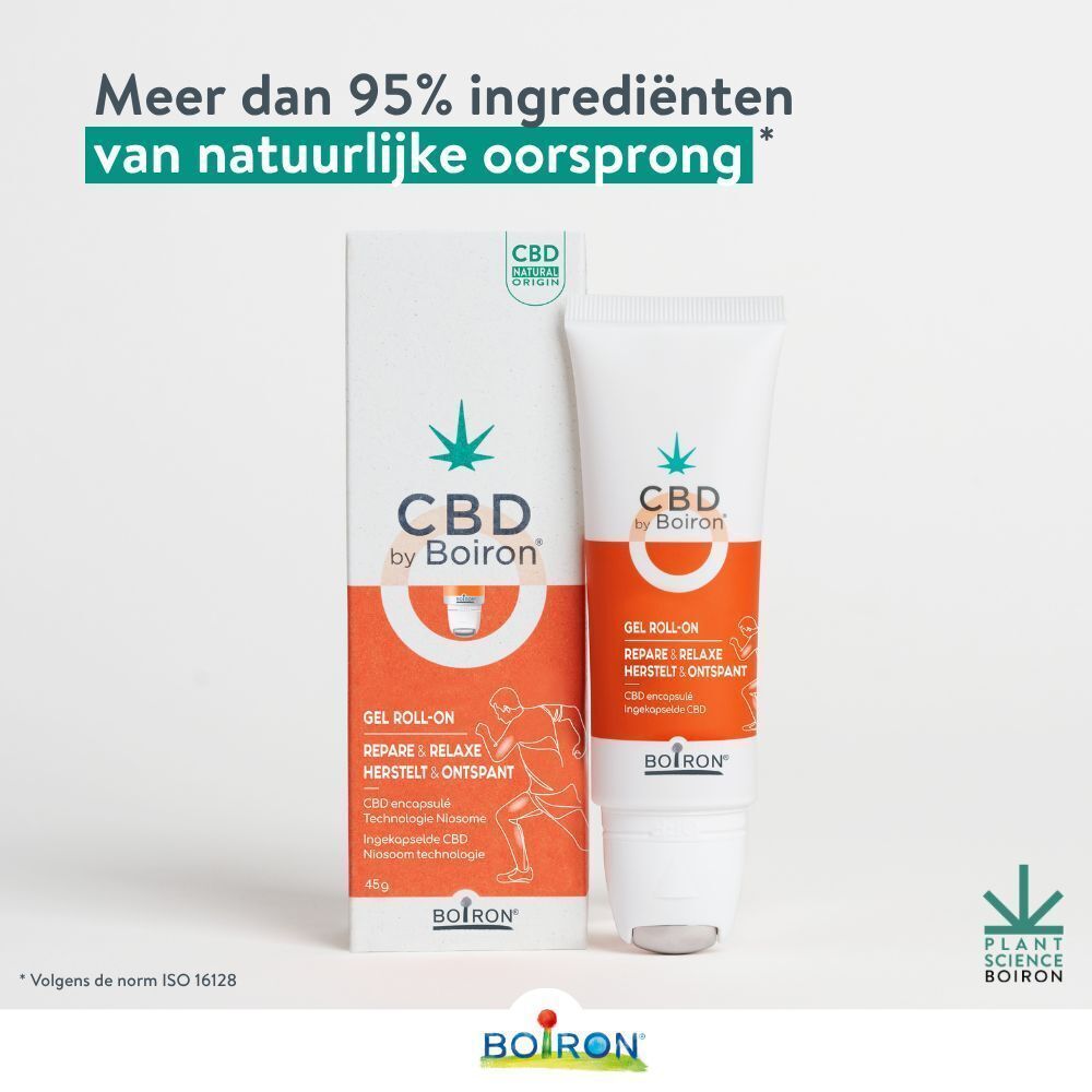 Boiron CBD Gel Roll-on en verpakking. Tekst: Meer dan 95% ingrediënten van natuurlijke oorsprong.
