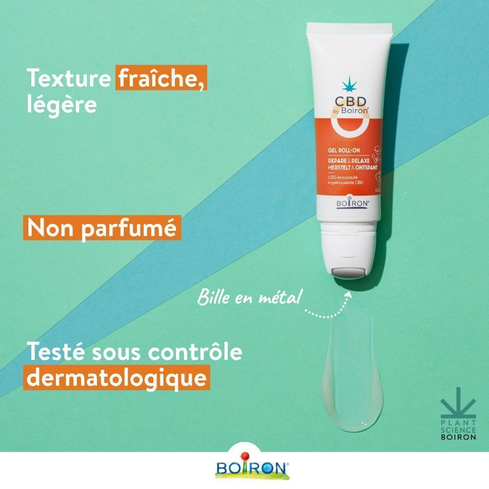 Boiron CBD Gel Roll-on. Texte: Texture fraîche, légère, Non parfumé, Testé sous contrôle dermatologique.