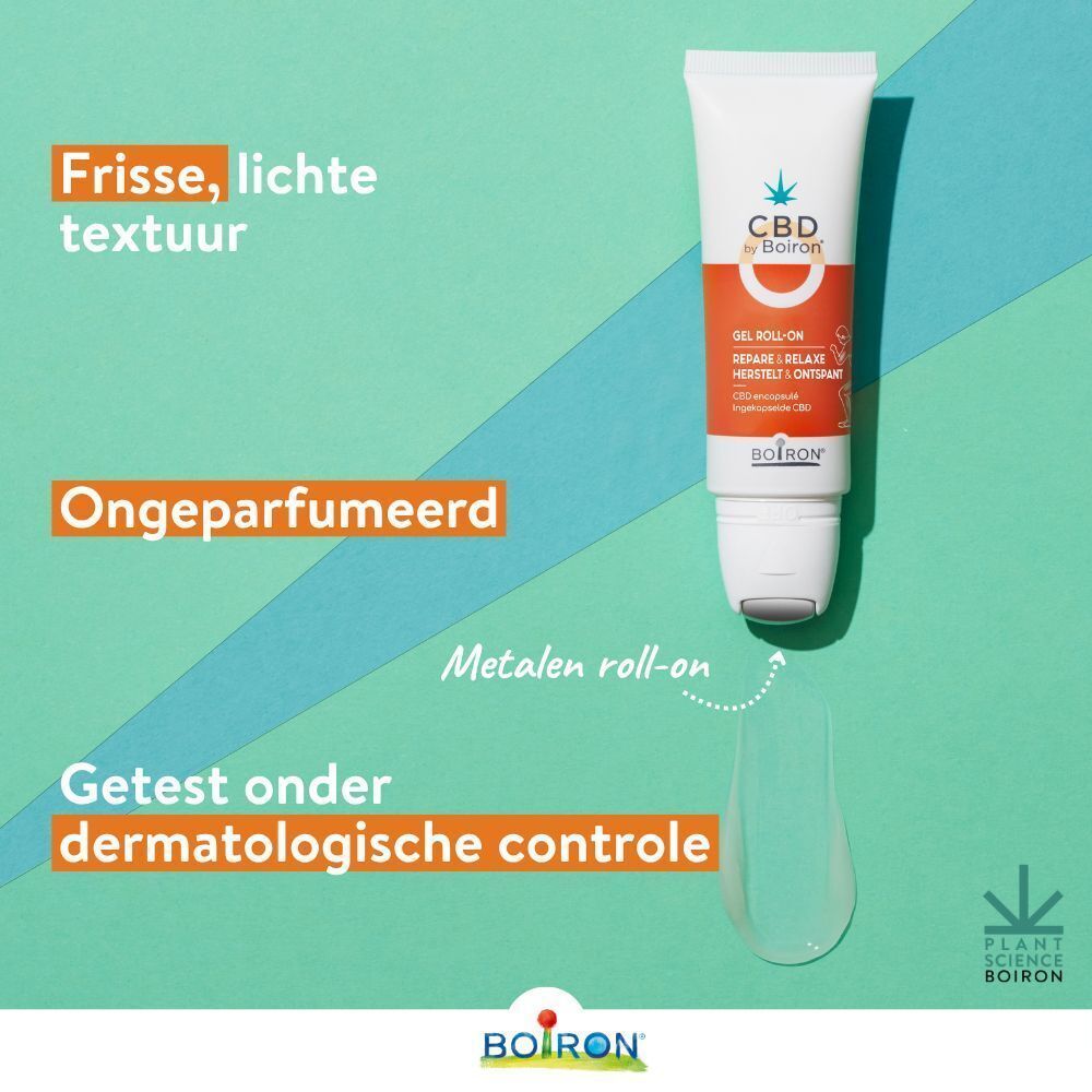 Boiron CBD Gel Roll-on. Tekst: Frisse, lichte textuur, Ongeparfumeerd, Getest onder dermatologische controle.