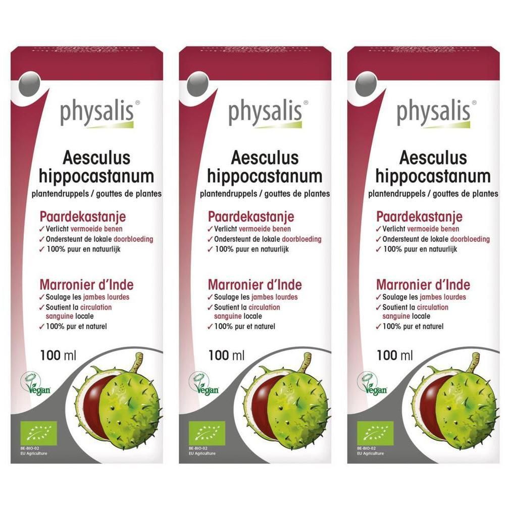 Drie flessen Physalis Aesculus Hippocastanum. Opschrift: Paardekastanje, Marronier d'Inde, 100 ml. Vegan-zegel.