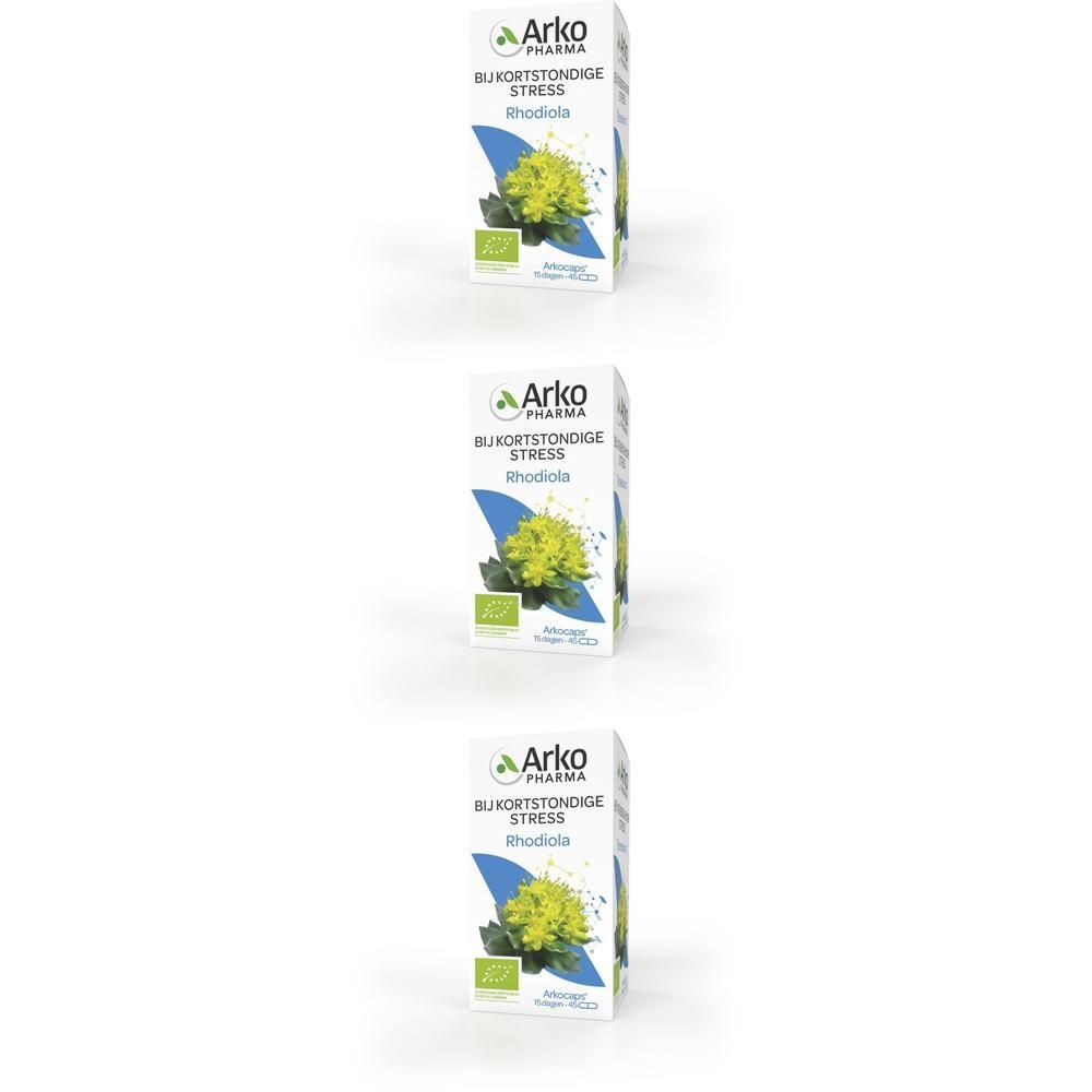 Drie dozen Arkogelules Rhodiorelax. Opschrift: Bukortstondige Stress, Rhodiola. Bio-label. Groene en blauwe elementen.