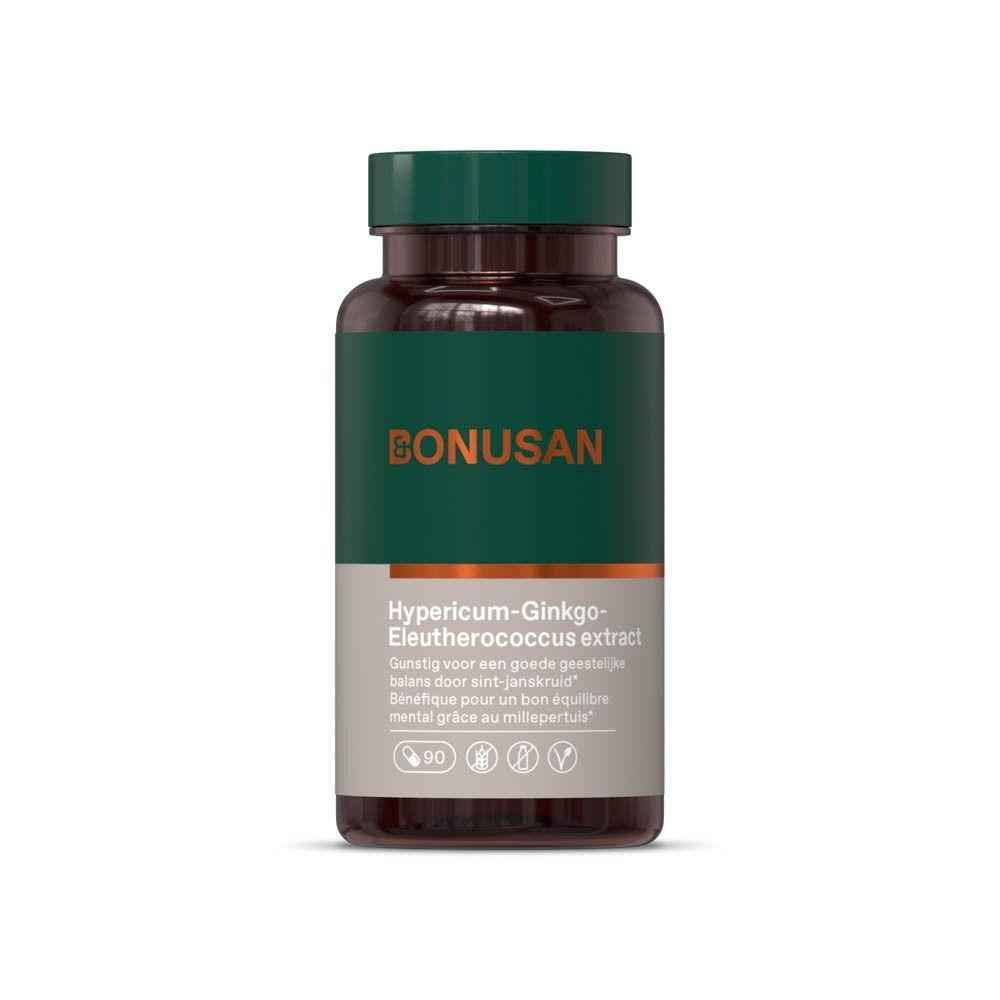 Flacon brun avec bouchon et étiquette verts. Inscription: BONUSAN. Nom du produit: Hypericum-Ginkgo-Eleutherococcus extract. 90 gélules.