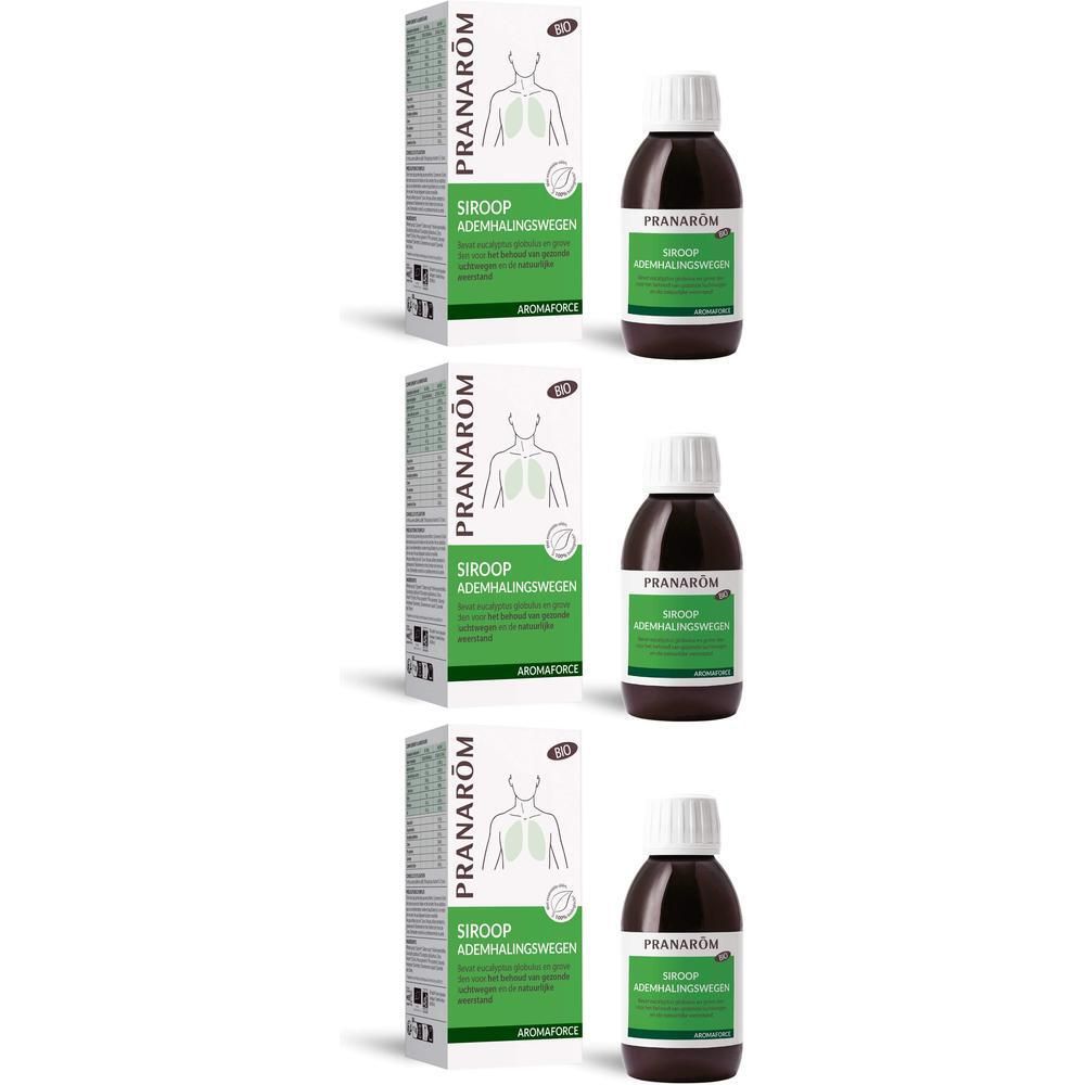 Drie flessen en verpakkingen. Opschrift: Pranarôm Sirop Voies Respiratoires.