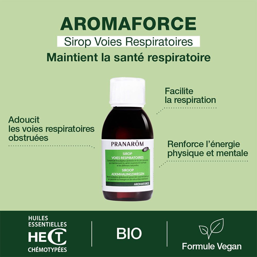 Flacon avec étiquette. Texte: Aromaforce Sirop Voies Respiratoires. Bio, vegan.