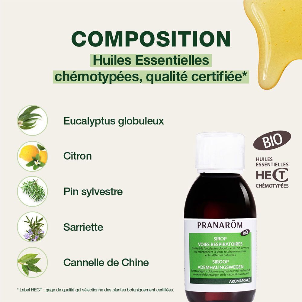 Flacon avec ingrédients: Eucalyptus, citron, pin, sarriette, cannelle.